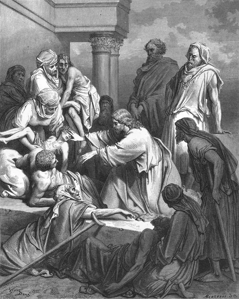 Gravura de Gustave Doré: Jesus entre doentes, sob um pórtico