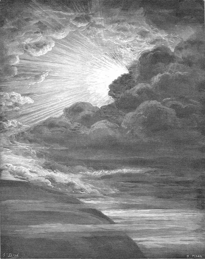 Gravura de Gustave Doré: feixes de luz rompendo nuvens escuras sobre a terra e as águas; nenhuma figura humana.