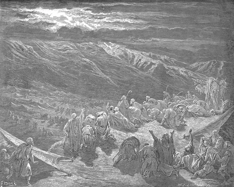 Gravura de Gustave Doré: uma cadeia de montes sob nuvens com luz; embaixo, o povo acampado, muitos prostrados, alguns de braços erguidos; tendas no primeiro plano. Moisés não aparece em destaque.