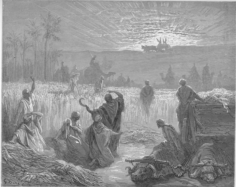 Gravura de Gustave Doré: num campo de trigo, ceifeiros ajoelhados erguem os braços e cobrem o rosto; um deles segura uma foice; à direita, feixes num carro; ao fundo, contra o sol baixo e raios no céu, um carro puxado por duas vacas vem pela estrada; palmeiras e camelos na linha do horizonte.