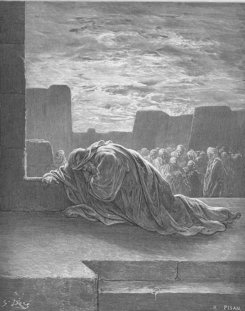 Gravura de Gustave Doré: um homem de manto prostrado sobre a mureta de um terraço, rosto escondido; atrás, a multidão e um céu de fim de tarde.