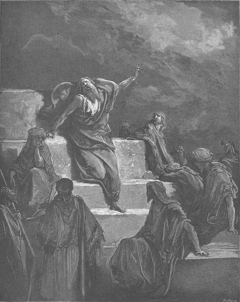 Gravura de Gustave Doré: um velho de barba longa, meio sentado nos degraus de pedra, joga a cabeça para trás e ergue o braço para um céu carregado; em volta, homens de manto e turbante, sentados, com a cabeça apoiada na mão; um deles olha para o alto.