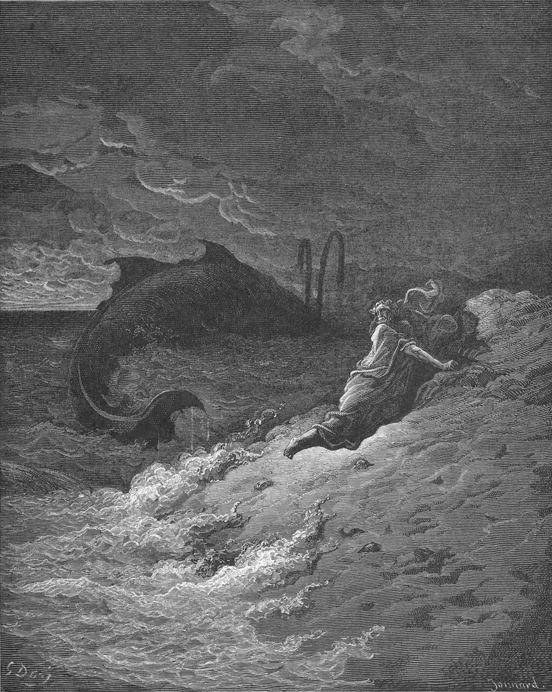 Gravura de Gustave Doré: um homem de barba, vestido com uma túnica longa, rasteja pela areia da praia, subindo a encosta à direita; atrás dele, no mar agitado, um peixe enorme de cauda erguida; céu de tempestade.