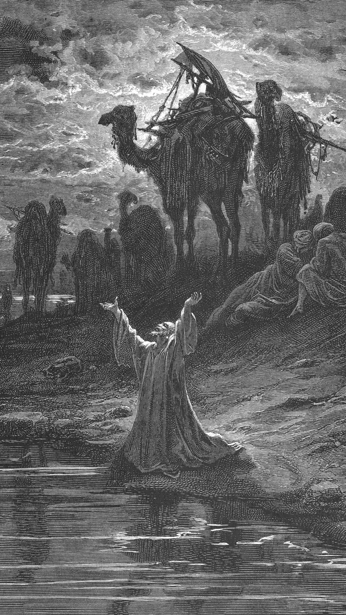 Gravura de Gustave Doré: à noite, na beira da água, um homem de joelhos com os braços erguidos; atrás, numa elevação, a caravana de camelos e gente deitada; céu de nuvens com luz.