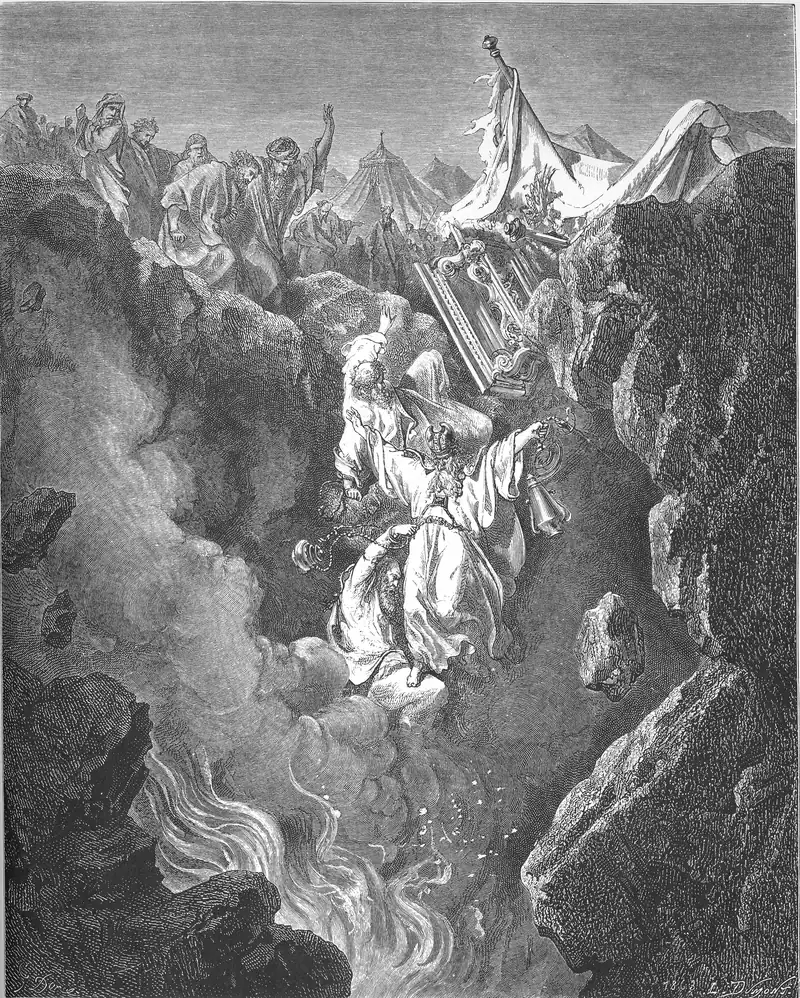 Gravura de Gustave Doré: no alto, tendas e um grupo de homens na beira de uma fenda, de braços erguidos; à direita, uma tenda que tomba e um móvel lavrado caindo; no centro, homens de túnica clara caem na rachadura das rochas, e um deles ainda segura um incensário pela corrente; embaixo, fumaça e labaredas; pedras soltas no ar.